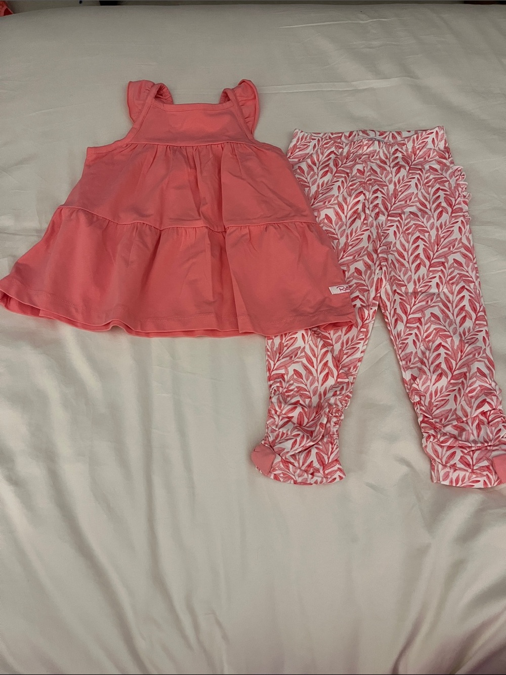 Ruffle Butts Coral Pink Tiered Top and Pink Leaf Print Leggings